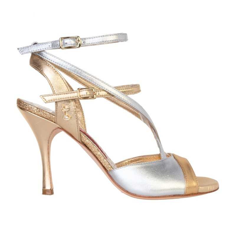 Scarpa da tango donna A50 Oro Argento Laminato Tacco 9 cm | Tangolera Shoes