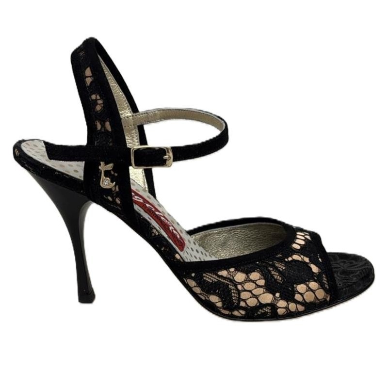 Scarpa da tango donna A1 Pizzo Nero Carne Macramè Tacco 7 cm  | Tangolera Shoes
