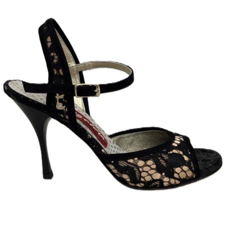 Scarpa da tango donna A1 Pizzo Nero Carne Macramè Tacco 9 cm  | Tangolera Shoes